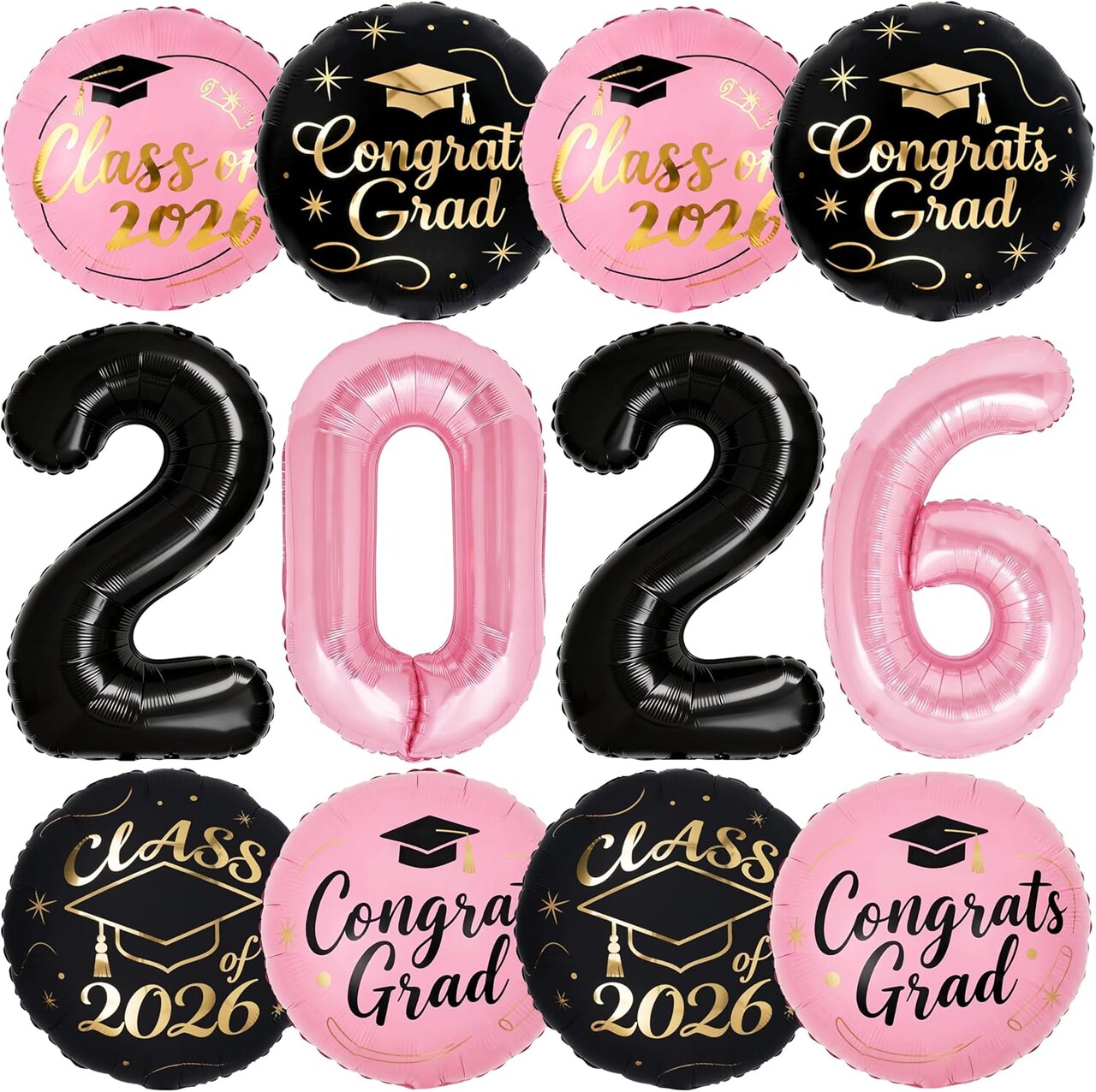 Graduation Party Balloons 2026 – Pink, Black & Gold 12PCS Balloon Set with 40-Inch “2026” Numbers & Congrats Grad Foil Balloons
